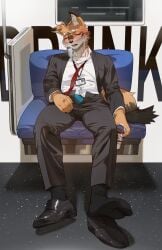 anthro beverage big_feet black_bottomwear black_clothing black_footwear black_pants black_socks black_suit_jacket blush bodily_fluids bottomwear brown_body brown_fur businesswear canid canine clothing dipstick_ears dipstick_tail dress_shoes ear_markings enmapsycho erection erection_under_clothing feet fluffy fluffy_tail footwear fox fur hi_res inside kemono male mammal markings multicolored_ears necktie orange_body orange_fur pants shirt shoes_removed sitting socks solo suit sweat tail tail_markings topwear unbuttoned_pants undressing white_body white_clothing white_fur white_shirt white_topwear
