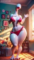 1girls 9:16 absurd_res absurdres ai_assisted amorphant annelid big_breasts bikini bookshelf breasts curvy eyeless faceless female female_only frilled_bikini hand_on_breast indoors living_room monster_girl open_mouth pale_skin solo thick_thighs tongue tongue_out waving white_skin wide_hips window wtf