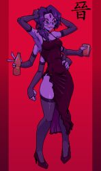 1girls 5_eyes 6_arms armpits black_sclera dress fangs female female_only fingerless_gloves fishnet_legwear glasses high_heels holding_head long_gloves long_legs muffet only_female orange_juice pink_eyes pixel_(artwork) pixel_art ponytail pose purple_hair purple_high_heels purple_skin red_dress shin_275 slim_waist slit_dress sole_female tagme thick_thighs thigh_highs undertale undertale_(series)