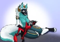absurd_res anthro avali blaze_the_protogen breast_play breast_suck breasts cuddling dracorusterra duo exposed_breasts female genitals handjob hi_res machine major039 male male/female penile penis protogen sex size_difference sucking