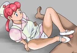 blue_eyes brock_(pokemon) clothed_female clothed_female_nude_male dark-skinned_male dark_skin female flats footjob human human_only light_skin male mary_janes nurse nurse_cap nurse_joy omusubii panties pink_hair pokemon pokemon_(anime) shoejob shoes spread_legs straight toes white_panties