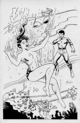 00s 2000s 2003 aqualad aquaman_(series) artist_request bikini_malfunction black_and_white breasts dated dc dc_comics donna_troy female male nipples nudity straight_hair superhero superheroine teen_titans uncensored wonder_girl wonder_woman_(series)