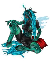 alicorn anthro areola black_fur blue_hair breasts changeling clitoris equine female friendship_is_magic green_eyes hair hands holes horn horse looking_at_viewer my_little_pony nipples plain_background pony presenting pussy queen_chrysalis_(mlp) sleeves smooth_skin solo spreading stockings tongue tongue_out transparent_background wings