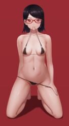 1girls abs areolae bare_arms bare_shoulders barefoot belly_button bikini bikini_pull biting_clothes black_bikini black_hair black_panties black_swimsuit black_thong boruto:_naruto_next_generations breasts cleavage clothed clothing collarbone cute feet female female_only g-string glasses kneeling legs long_hair looking_at_viewer micro_bikini miru_(wvjc7832) naruto naruto_(series) navel on_knees pale-skinned_female pale_skin panties panty_pull perky_breasts petite pose posing red_eyes revealing_clothes sarada_uchiha seductive sharingan short_hair skimpy small_breasts smile solo solo_female solo_focus swimsuit teasing thighs thong toes undressing voluptuous