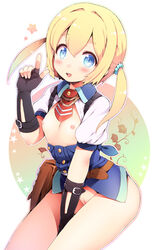 blonde_hair blue_eyes blush clothing etrian_odyssey female fingerless_gloves flat_chest frederica_irving gloves highres koorizu navel nipples no_panties open_mouth pussy sekaiju_no_meikyuu shin_sekaiju_no_meikyuu smile solo tied_hair twintails