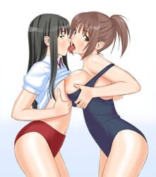 2girls black_hair breast_press breast_squeeze breasts brown_eyes brown_hair buruma female futami_eriko gym_uniform kimi_kiss kissing long_hair looking_at_viewer multiple_girls nipples one-piece_swimsuit sakino_asuka sanagi_torajirou school_swimsuit shirt_lift swimsuit symmetrical_docking tongue_out yuri