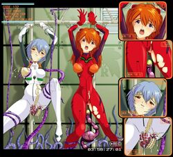 2girls asuka_langley_sohryu blue_hair blush bodysuit bondage breasts clothing female human lactation light-skinned_female light_skin long_hair medium_breasts multiple_girls neon_genesis_evangelion nerv orange_hair pale-skinned_female pale_skin pilot_suit plugsuit pregnant rei_ayanami short_hair tagme tentacle torn_clothes zone_707