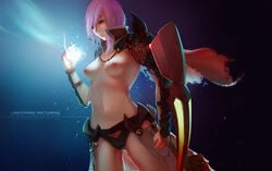 armor asymmetrical_hair black_panties blue_eyes breasts cape ecchi_pantsu eclair_farron female final_fantasy final_fantasy_xiii lightning_returns:_final_fantasy_xiii navel nipples panties parted_lips pink_hair short_hair solo standing topless underwear