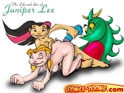 ass ass_grab breasts comics-toons dildo doggy_style erect_nipples female from_behind human interspecies jody_irwin juniper_lee multiple_females multiple_girls nipples nude small_breasts the_life_and_times_of_juniper_lee white_background yuri