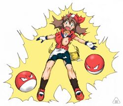 brown_hair electricity electrocution electrostimulation female human human_only long_hair may_(pokemon) omusubii pokemon red_bandana straight_hair voltorb