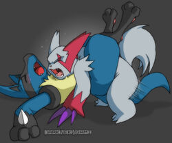 anal anal_penetration anthro balls_deep black_body black_fur blue_body blue_fur blush canid canine claws dark_nek0gami darknek0gami duo eyes_closed facial_markings from_front_position fur generation_3_pokemon generation_4_pokemon head_markings herpestid interspecies lucario lying male male/male male_penetrated male_penetrating male_penetrating_male mammal markings missionary_position nintendo on_back open_mouth orgasm penetration pokemon pokemon_(species) red_markings rough_sex sex side_view simple_background slightly_chubby video_games yellow_body yellow_fur zangoose