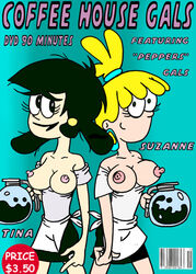 2girls apron barcode black_hair black_lips black_lipstick black_skirt blonde blonde_hair breasts_exposed breasts_out character_name coffee_pot cowboy_shot dark_hair dollar_sign dvd_cover ear_piercing erect_nipples exposed_breasts facing_viewer fake_cover fake_dvd_cover female female_only gradient_background green_background hairband human human_only looking_at_viewer medium_breasts miniskirt multiple_girls nev no_bra price shirt_pull short_hair simple_background skinny skinny_girl standing suzanne suzanne_(tina's_groove) t-shirt tagme tina tina's_groove tina_(tina's_groove) topkknot twintails waist_apron waitress waitress_outfit waitress_uniform white_apron