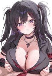1boy 1girls ai_generated azur_lane big_breasts black_hair breasts choker cleavage estraea highres huge_breasts large_breasts long_hair motion_lines paizuri penis penis_between_breasts purple_eyes shirt twintails twintails_(hairstyle) white_background z11_(azur_lane)