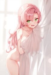 ai_generated behind_curtain curvy_female curvy_figure embarrassed_nude_female green_eyes naked_female nicole_demara pink_hair raaicave zenless_zone_zero