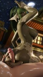 1boy 1girls 3d absurd_res au_ra faceless_male feet feet_on_penis final_fantasy final_fantasy_xiv footjob green_hair green_skin hi_res horns imminent_sex large_ass large_breasts large_penis light-skinned_male looking_back night nude nude_female nude_male outdoors penis ponytail reverse_cowgirl_position scales sneaksti tail