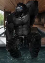 anthro biceps black_body blue_tongue blurred_background bottomwear clothing digital_drawing_(artwork) digital_media_(artwork) dinosaur facial_piercing foreskin fur genitals hi_res inside killianroo licking licking_lips male muscular muscular_anthro muscular_male nipples nose_piercing nose_ring partially_submerged pecs penis piercing pool prehistoric_species reptile ring_piercing scalie shorts solo tongue tongue_out uncircumcised
