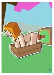 1girls alex_(minecraft) all_fours boat breasts cube cubic_body day female female_only ginger_hair green_eyes lightning_rod minecraft no_clothes orange_hair piston_(minecraft) sex_toy shaking simple_background slime square_body surprised sweat the14thuser tree