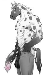 absurd_res anthro dappled equid equine genital_piercing genitals hahazzar hi_res horse male mammal markings meme_pose nipple_piercing nipples pants_tug penis piercing pubes septum solo spots spotted_body wrapped_tail
