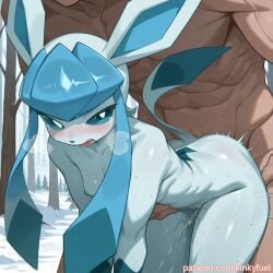 1boy 1girls ai_generated blue_body blue_eyes blue_nipples blue_pussy blue_skin eeveelution embarrassed furry furry_female game_freak generation_4_pokemon glaceon kinkyfuel muscular_male nintendo nipples pokemon pokemon_(species) pussy sex sweat vaginal_penetration