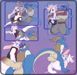 anal anal_sex anthro balls bent_over big_balls big_penis bodily_fluids book bovid caprine dragon drooling duo eyewear genitals glasses goat handjob horn korichi male male/male mammal mythological_creature mythological_scalie mythology penetration penile penis saliva scalie sex