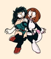 2girls big_breasts female_deku frost-lock izuku_midoriya rule_63 thick_thighs uraraka_ochako