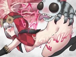 1girls all_fours arachnid blush breasts censored creature cross_section cum cum_in_pussy cum_inside deep_penetration doggy_style female grey_eyes hood human humanoid identity_v insect internal_cumshot interspecies medium_breasts mikaromo3 mosaic_censoring nipples patroller_(identity_v) penetration penis penis_in_pussy sex short_hair socks spider tongue tongue_out tracy_reznik uterus vaginal_penetration white_hair