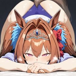 ai_generated all_fours animal_ears breasts daiwa_scarlet_(umamusume) female hips horse_girl pussy red_eyes ribbon_in_hair tiara twintails umamusume umamusume_pretty_derby