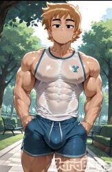 abs ai_generated bara big_arms fit_male gay male male_only muscular muscular_abs muscular_arms muscular_male pecs pectorals public scott_pilgrim scott_pilgrim_(series) sweat sweat_fetish sweating wet_clothes