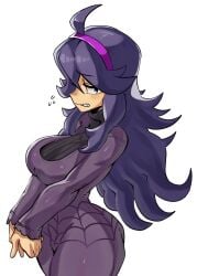 1girls blush breasts dress female hairband hex_maniac large_breasts long_hair looking_at_viewer moxydrawsmore nintendo pokemon pokemon_xy purple_dress purple_hair purple_hairband simple_background solo white_hair