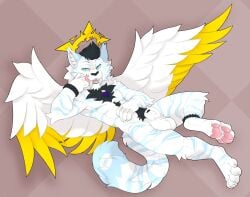 absurd_res animal_genitalia anthro back_wings blue_eyes decodecker flaccid fur genitals halo hi_res male pawpads penis sheath solo tail teeth_showing white_body white_fur wings