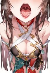 breasts breath_cloud brown_hair female honkai:_star_rail lingsha_(honkai:_star_rail) open_mouth raaicave saliva_string shoulders tongue_out