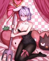 alternate_costume bunny_ears bunnysuit cleavage female female_only full_body ginko_sakata gintama gintoki_sakata hello_kitty_(series) kneeling looking_at_viewer medium_breasts pantyhose pillows pink_background playboy_bunny plushie red_eyes sanrio silver_hair smile solo thigh_strap uyeon66589558 white_hair wide_hips