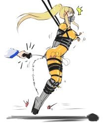 2d aqua_(konosuba) armbinder ballet_boots bdsm bdsm_harness blonde_hair bondage buttplug_in_ass corset darkness_(konosuba) eudetenis gag gagged harness_muzzle_gag hopping inflatable_buttplug kono_subarashii_sekai_ni_shukufuku_wo! latex latex_bodysuit leather_straps legbinder muzzle_gag muzzled nipple_bulge nipple_clamps posture_collar treadmill vibrator_in_pussy