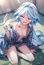 blue_background furina_(genshin_impact) genshin_impact japanese_house kimono overheated raaicave small_breasts sweating sweating_profusely white_hair