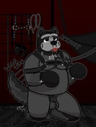 absurd_res animal_mask anthro balls bondage bondage_gear bondage_gloves canid canine canis chastity_cage chastity_device clothing collar cuff_(restraint) digital_media_(artwork) eem_(eemwolf) eemwolf fur genitals handwear harness hi_res kneeling leash male mammal mask petplay pup_mask puppyplay restraints roleplay simple_background solo submissive submissive_male tail tail_motion tailwag wolf