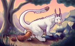 animal_genitalia animal_penis antlers anus ball_tuft balls bodily_fluids breath cheek_tuft claws dipstick_tail equine_genitalia equine_penis eyebrows facial_tuft feathers feces feces_on_ground felkin feral flower forest fur genital_fluids genitals goranil grass hi_res horn kinkles looking_back male markings narrowed_eyes nature nature_background outside peeing peeing_on_ground penis pink_body plant pooping_on_floor raised_tail rock scat scatplay solo steam tail tail_feathers tail_markings teeth toe_claws tree tuft urine urine_on_ground urine_pool urine_stream watersports white_body white_eyebrows white_fur yellow_sclera