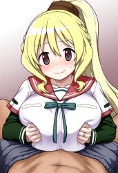 1boy 1girls 2025 ai_generated artist_request big_breasts blonde_hair blush boobjob breasts dark-skinned_male dark_skin interracial looking_at_viewer magia_record:_mahou_shoujo_madoka_magica_gaiden mahou_shoujo_madoka_magica momoko_togame nervous paizuri ponytail pov pov_eye_contact pov_male puella_magi_madoka_magica red_eyes school_uniform schoolgirl titjob togame_momoko unseen_male_face white_skin white_skinned_female young