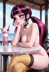 1girls absurd_res ai_generated arm_support ass bare_shoulders beach big_breasts black_hair blush breasts casual casual_nudity choker civitai collarbone convenient_censoring crossed_legs draculaura earrings eyebrows eyelashes eyeliner eyeshadow female female_only food hand_on_face heart hi_res jewelry legs lipstick looking_away makeup milkshake monster_girl monster_high multicolored_hair nipples nude nude_female outdoors pale-skinned_female pale_skin pink_hair pointy_ears public public_nudity purple_eyes restaurant seaside sitting slim_waist solo thick_ass thick_thighs thighhighs thighs uncensored vampire vampire_girl water wide_hips young