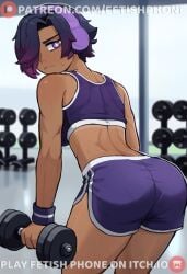 1girls 2d 2d_(artwork) 2d_artwork abs ai_assisted architectdev ass ass_focus cartoony cg cg_art dark-skinned_female dark_skin digital_art digital_drawing_(artwork) digital_media digital_media_(artwork) dumbbell dumbbells ebony exercise exercising female fetish_phone from_behind fully_clothed fully_clothed_female game_cg gradient_hair gym gym_clothes gym_shorts gym_uniform hair_over_one_eye headphones holding_object legs medium_breasts muscular_female nervous nervous_sweat original original_character purple_clothing purple_eyes purple_hair short_hair six_pack skinny skintight skintight_clothing slim smaller_female solo solo_female solo_focus sports_bra standing sweat sweatdrop sweaty tagme thick_hips thick_legs thick_thighs thighs through_clothes tomboy visual_novel waist western_art working_out workout wristband