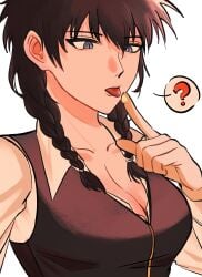 ? alternate_body_type black_hair blue_eyes braided_hair braids canon_genderswap cleavage female female_only genderswap_(mtf) gintama hijikata_tenko hijikata_toshiro mayonnaise medium_breasts medium_hair momo156993 police_uniform policewoman rule_63 shinsengumi_(gintama) solo suggestive_fluid tongue_out twin_braids upper_body