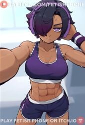 1girls 2d 2d_(artwork) 2d_artwork abs after_workout ai_assisted architectdev architectdev cartoony cg cg_art dark-skinned_female dark_skin digital_art digital_drawing_(artwork) digital_media digital_media_(artwork) ebony exercise exercising eye_contact female female fetish_phone fetish_phone from_above fully_clothed fully_clothed_female game_cg gradient_hair gym gym_clothes gym_shorts gym_uniform hair_over_one_eye headphones legs looking_at_viewer medium_breasts muscular_female nervous nervous_sweat original original_character purple_clothing purple_eyes purple_hair selfie selfie_pose short_hair six_pack skinny slim smaller_female solo solo_female solo_focus sports_bra standing sweat sweatdrop sweaty tagme thick_hips thick_legs thick_thighs thighs tomboy visual_novel waist western_art working_out workout wristband