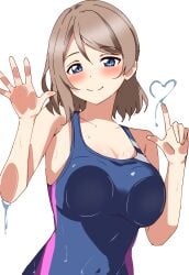 blue_eyes breasts brown_hair cleavage competition_swimsuit covered_navel female grey_hair haruno_riku heart large_breasts love_live! love_live!_sunshine!! one-piece_swimsuit short_hair smile solo swimsuit watanabe_you