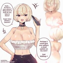 1girls ass bianca_(norishiitsu) blonde_hair breasts brown_eyes cleavage covered_nipples covering covering_breasts covering_nipples female hand_on_hip hand_on_own_hip large_breasts looking_at_viewer naked navel norishiitsu nude open_mouth original short_hair simple_background solo tongue white_background
