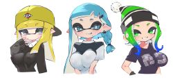 3girls backwards_baseball_cap beanie blue_hair braid braided_hair breasts cap female green_hair inkling inkling_girl large_breasts long_sleeves mev_(mevlingo) nintendo octoling octoling_girl original_character pointy_ears shirt splatoon tentacle_hair vaz_999 yellow_hair