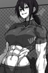 1girls abs athletic_female compression_shirt female female_focus female_only fence fit_female freckles looking_at_viewer muscular muscular_female pov takano_togainu_(zokosuke) zokusuke