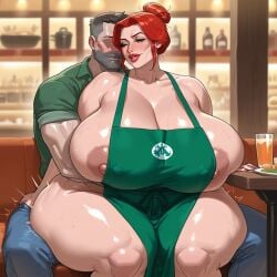 1boy 1girls ai_assisted ai_generated apron apron_only big_ass big_breasts breasts civitai female huge_ass implied_sex kalagod male massive_breasts naked original_character red_hair tagme wide_hips
