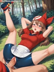 1boy 1girls ai_generated arms_behind_head bandana bike_shorts blue_eyes blush brown_hair forest half-closed_eyes highres legs_up lying lying_on_back malth may_(pokemon) medium_breasts missionary_position moaning outdoors pokemon sex spread_legs vagina vaginal_penetration vaginal_penetration vaginal_sex
