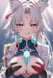 1female ai_generated covered_nipples feixiao_(honkai:_star_rail) hands_on_breasts honkai:_star_rail licking_lips popsicle popsicle_between_breasts raaicave white_hair