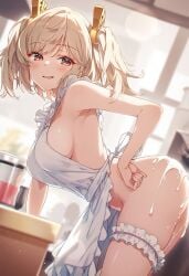 ai_generated apron_only blonde_hair_female breasts burnice_white cream_on_ass daytime kitchen_appliance kitchen_background kitchen_counter no_panties raaicave shoulders zenless_zone_zero