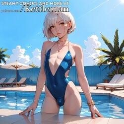 ai_generated amber_eyes bikini bulge cute femboy feminine feminine_male kettleman petite seductive sexy slender slender_body slim slim_waist solo swimming swimming_pool swimsuit swimsuit_bulge swimwear trap twink white_hair yellow_eyes